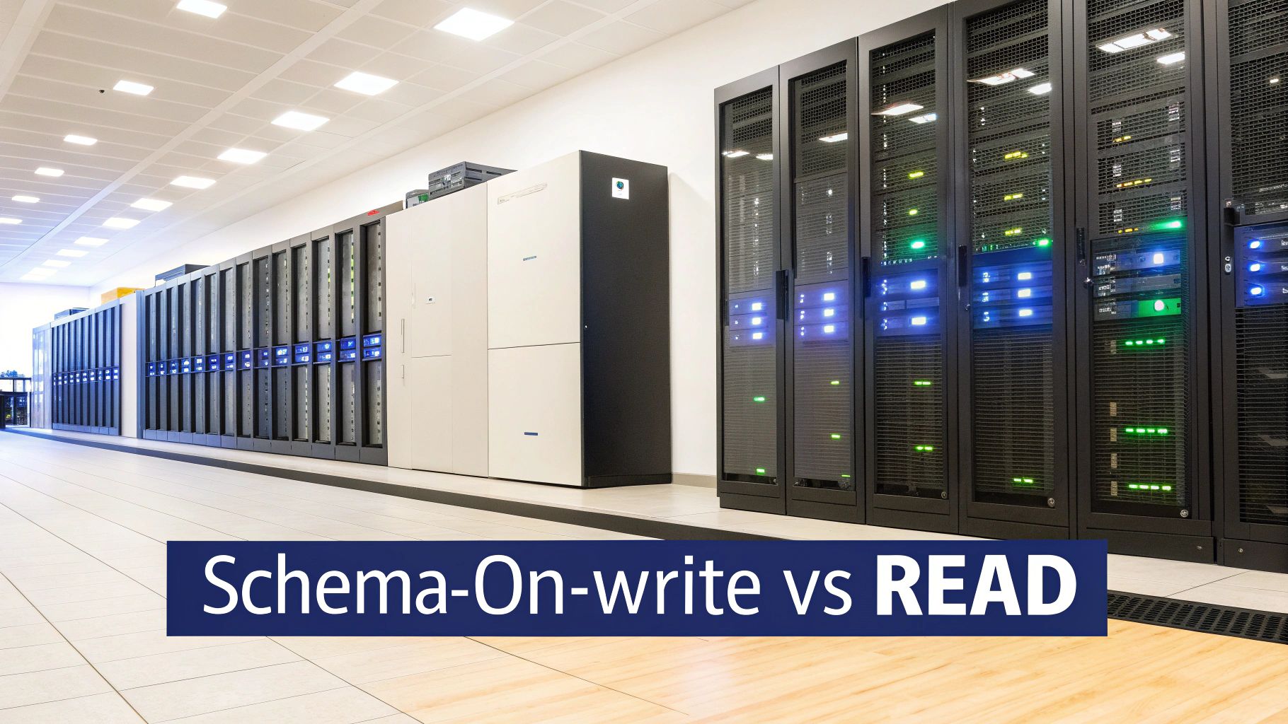 A large data center with rows of server racks, some illuminated with blue and green lights, and a text overlay 'Schema-On-write vs READ'.