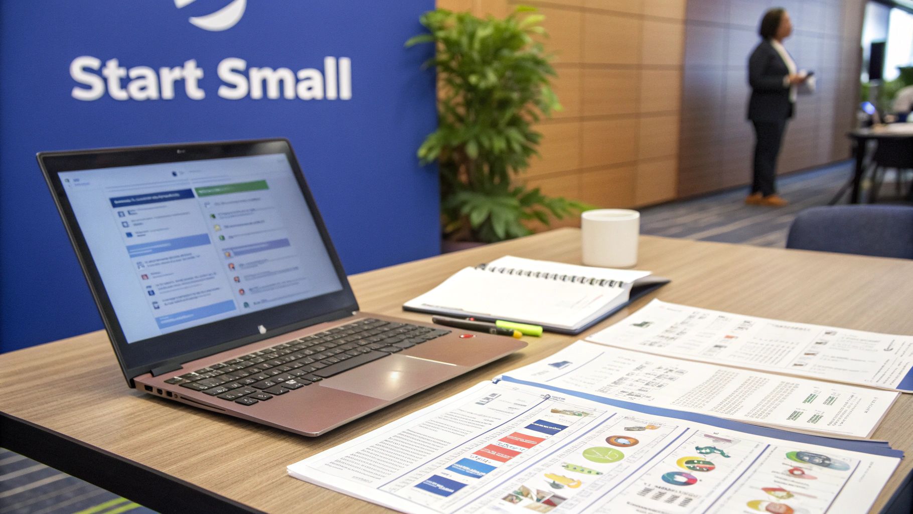 Laptop with business dashboard, documents with charts, notebook and coffee on wooden desk