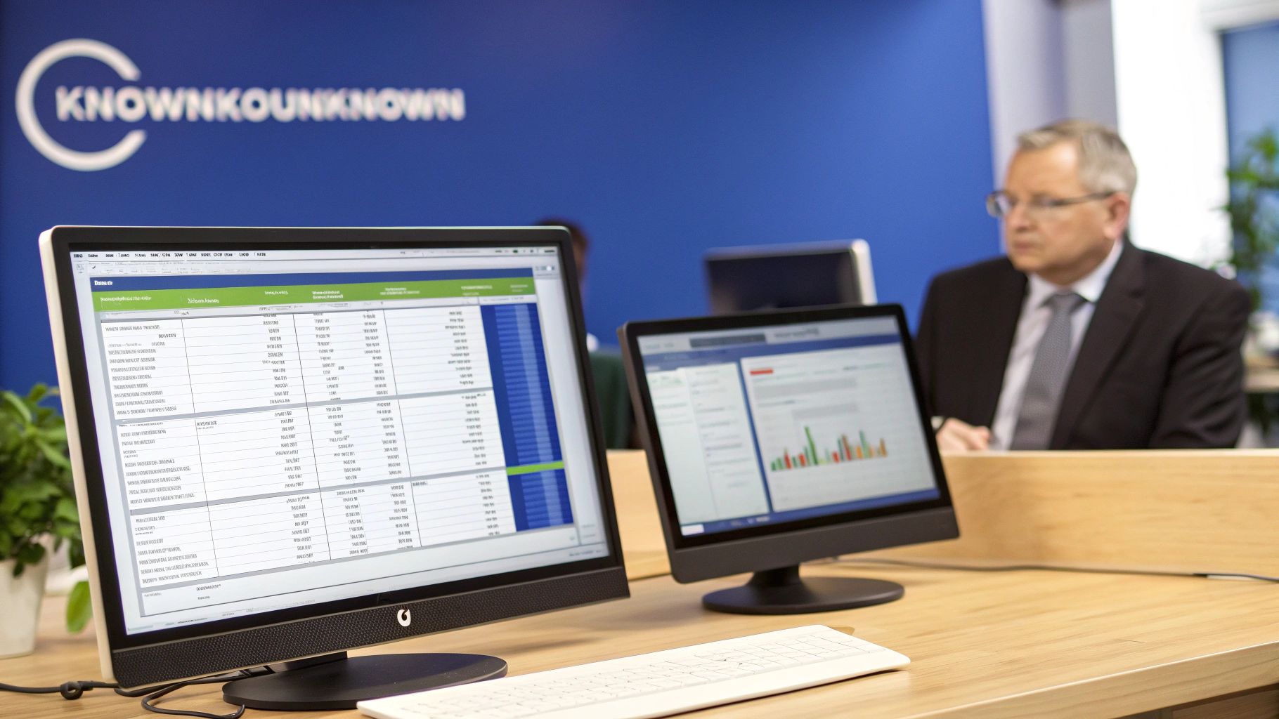 Two computer monitors display business data and charts on a desk, with a man in a suit in the background.