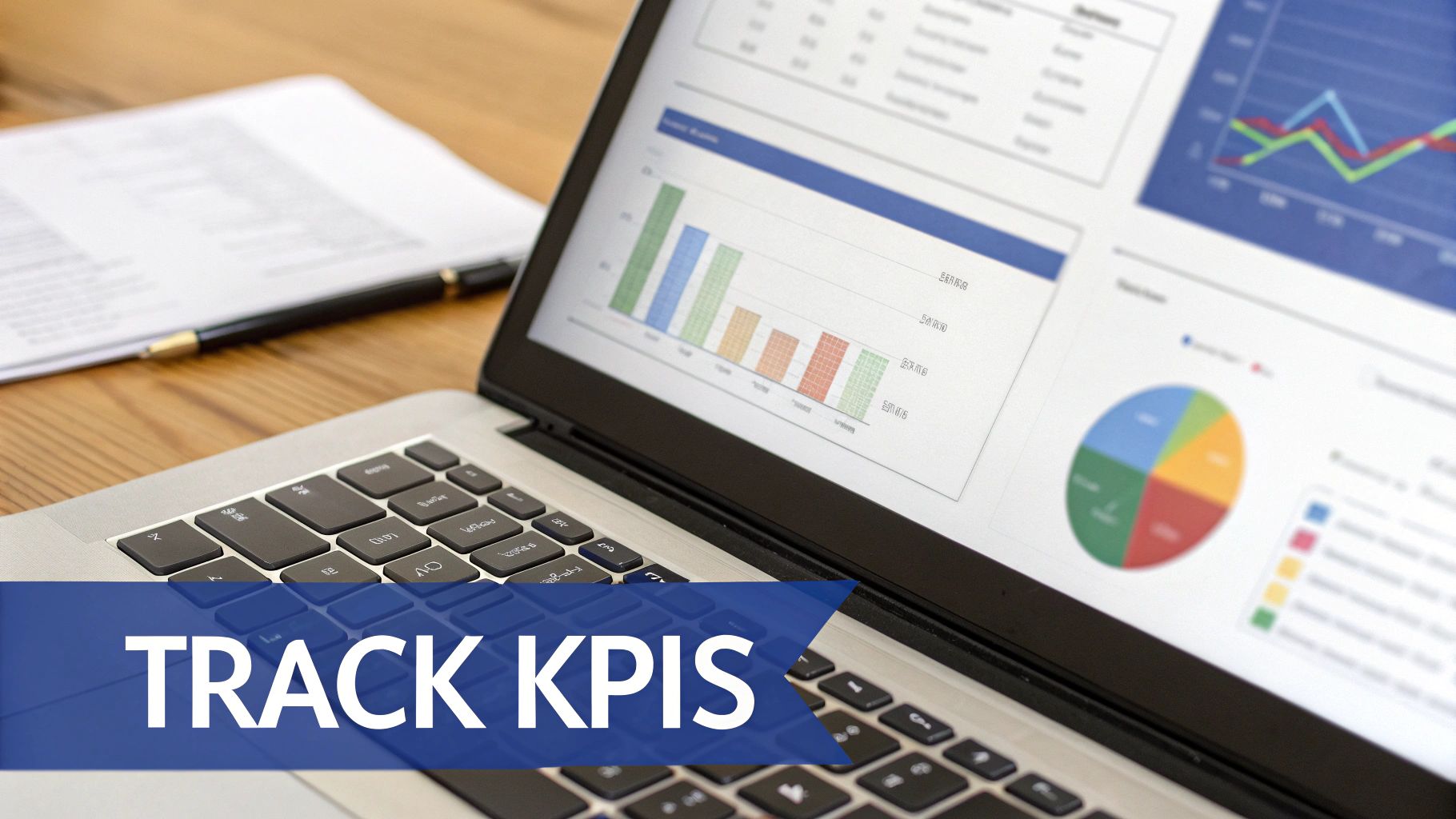 Laptop screen displaying a dashboard with various data charts, graphs, and a pie chart, with a banner stating 'TRACK KPIS'.