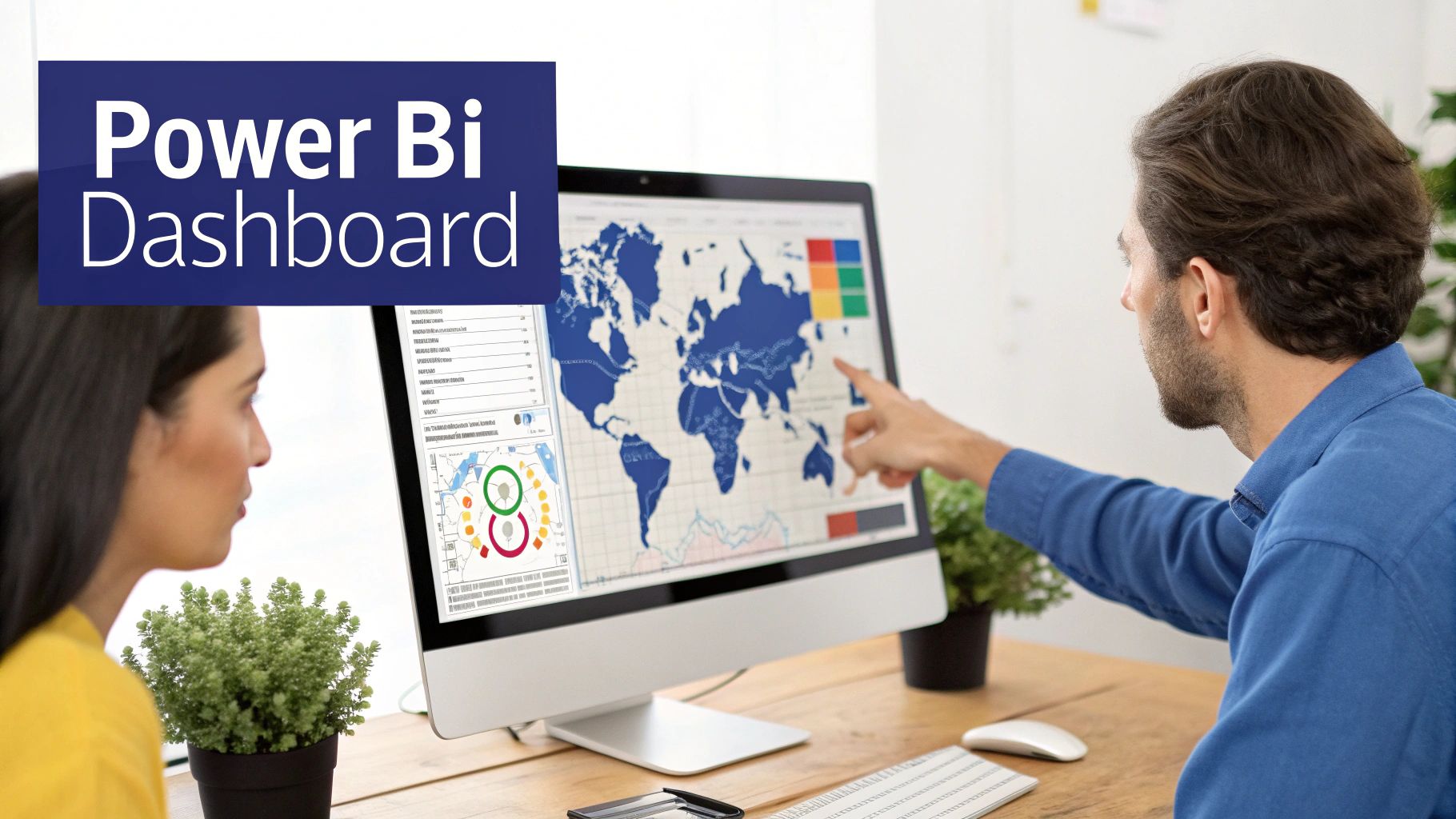 Two colleagues analyze a Power BI dashboard displaying a global map and various data visualizations.