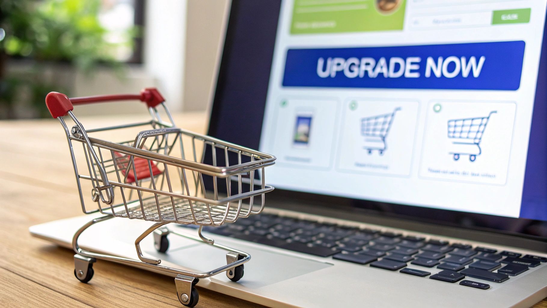 A miniature shopping cart sits on a laptop displaying an 'UPGRADE NOW' button and e-commerce icons.