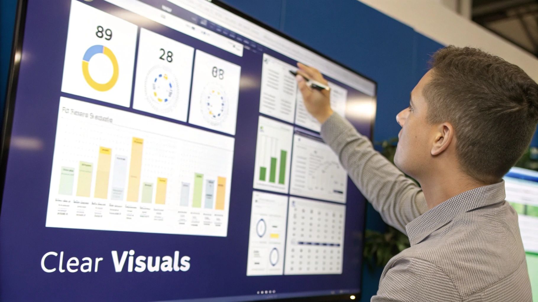 A man in a checkered shirt interacts with a large Power BI dashboard displaying data visualizations and charts.