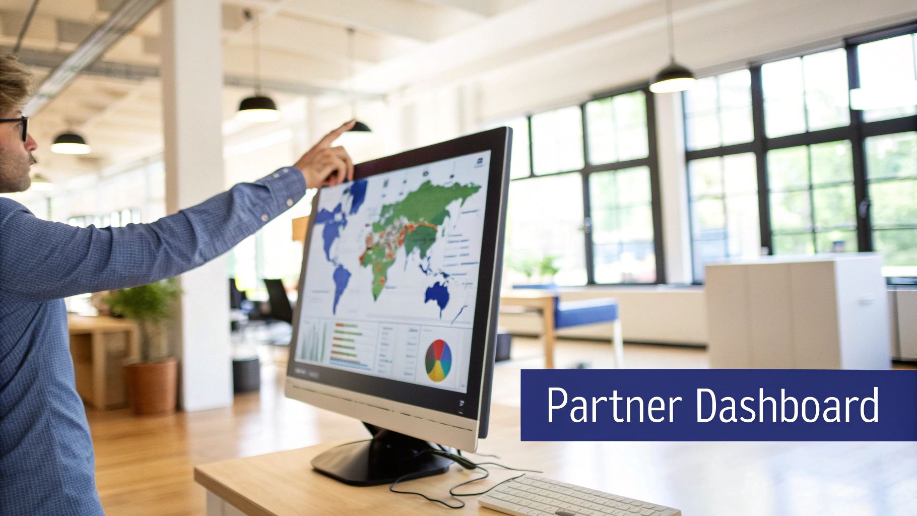 A man in an office points at a computer monitor displaying a global partner dashboard with data analytics.