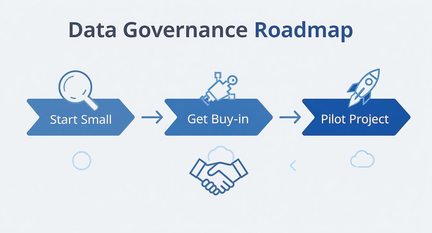 A 'Data Governance Roadmap' diagram showing three steps: Start Small, Get Buy-in, and Pilot Project.