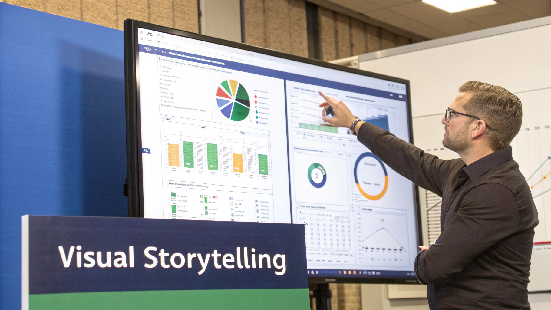 A person pointing at a screen with various data visualisations