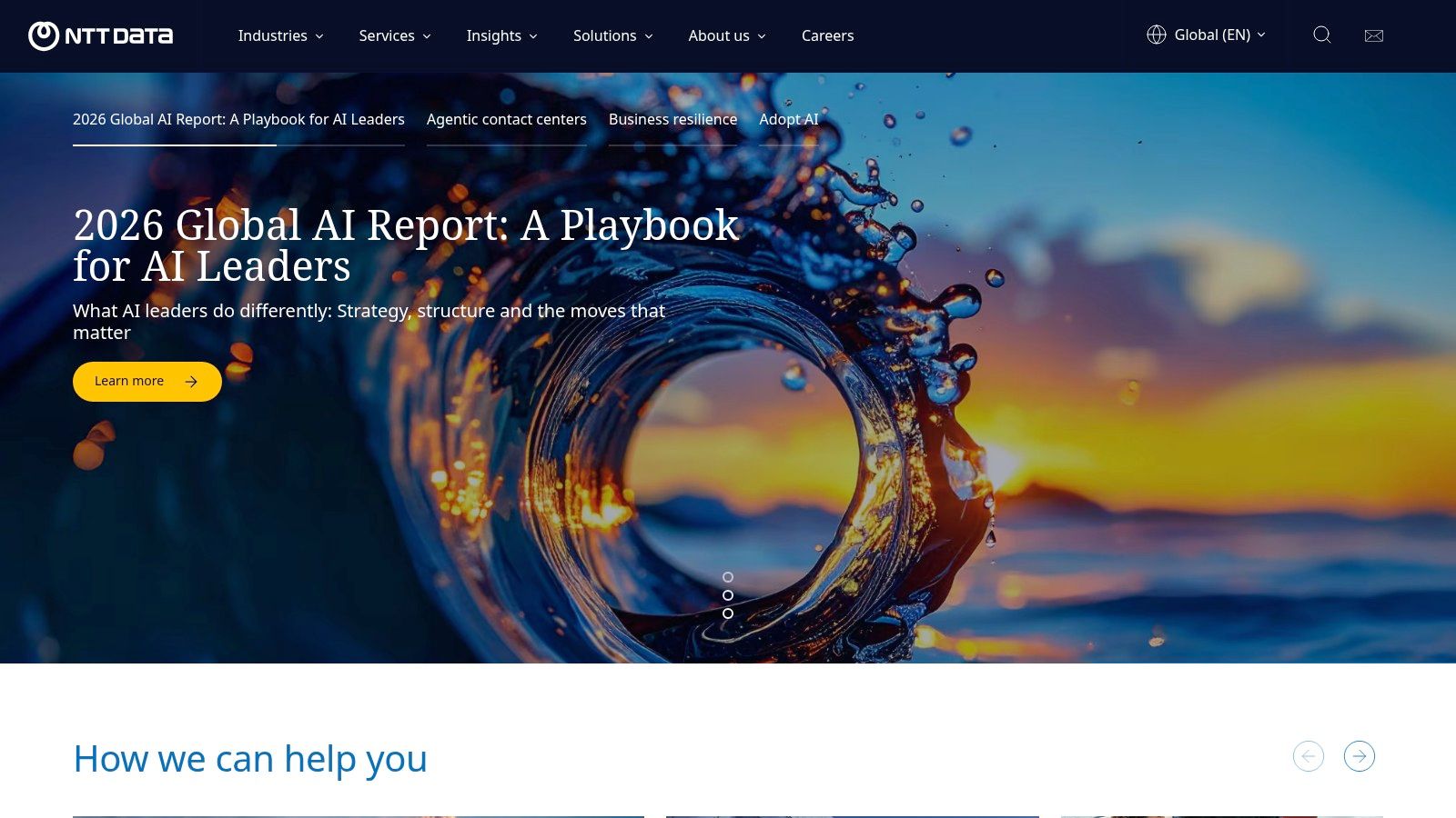 NTT DATA website banner showing their global service offerings.