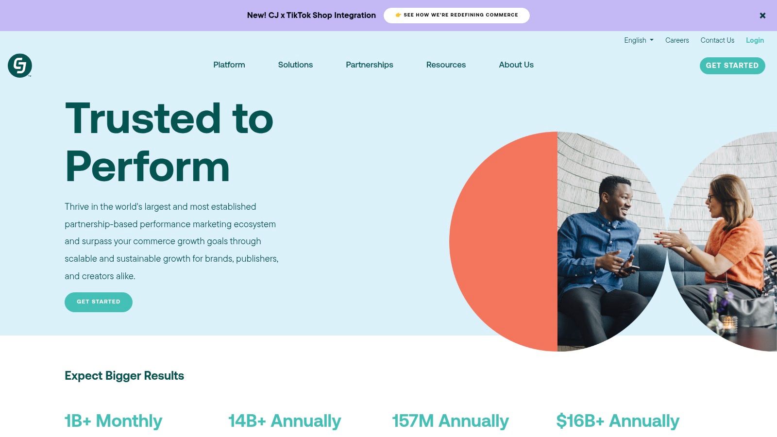 A screenshot of the CJ affiliate dashboard, showing its comprehensive analytics and publisher management interface.