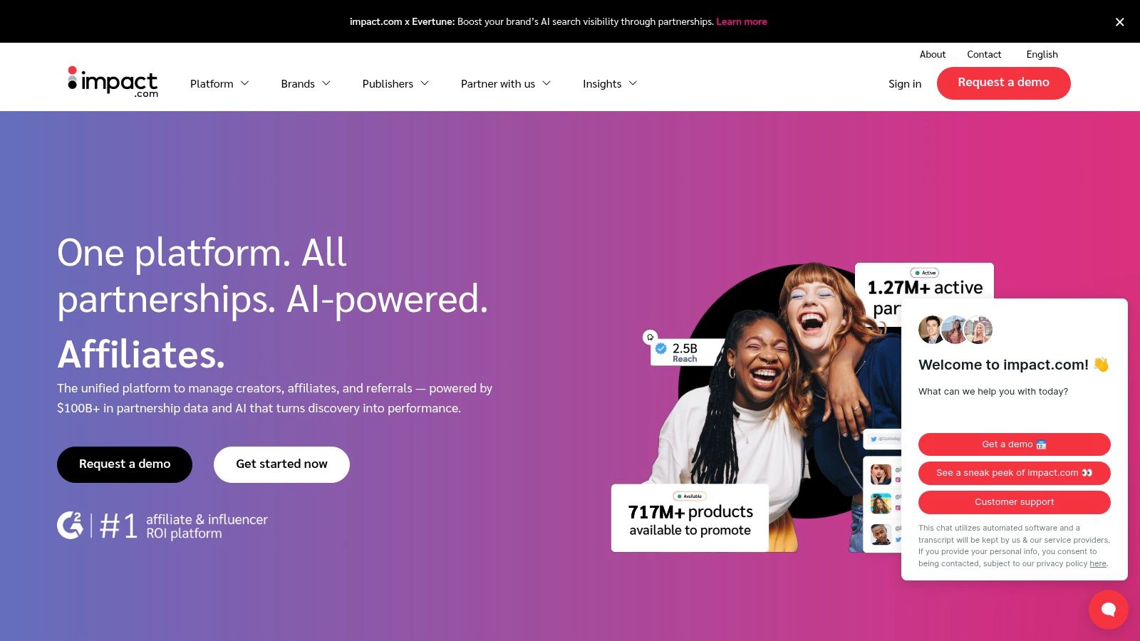 A screenshot of the impact.com affiliate platform dashboard, showing various performance metrics and campaign information.