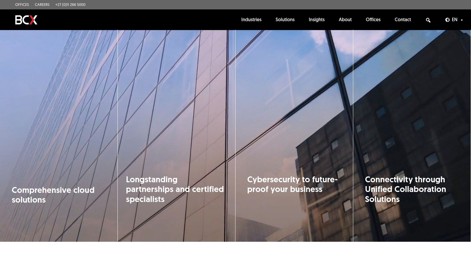 A screenshot of the BCX website showing its IT solutions and services.