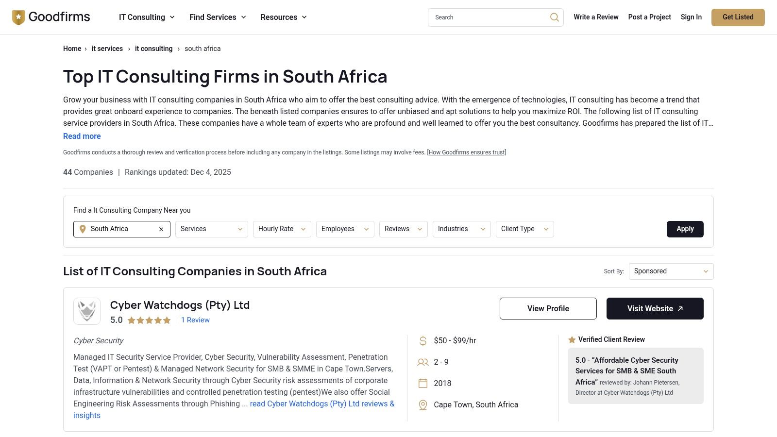 A screenshot of the GoodFirms website showing a list of IT consulting companies in South Africa.