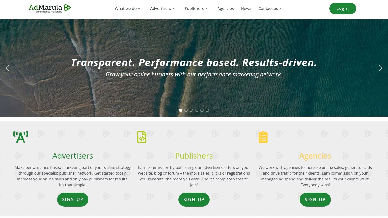 A screenshot from the AdMarula website showcasing its performance marketing services.