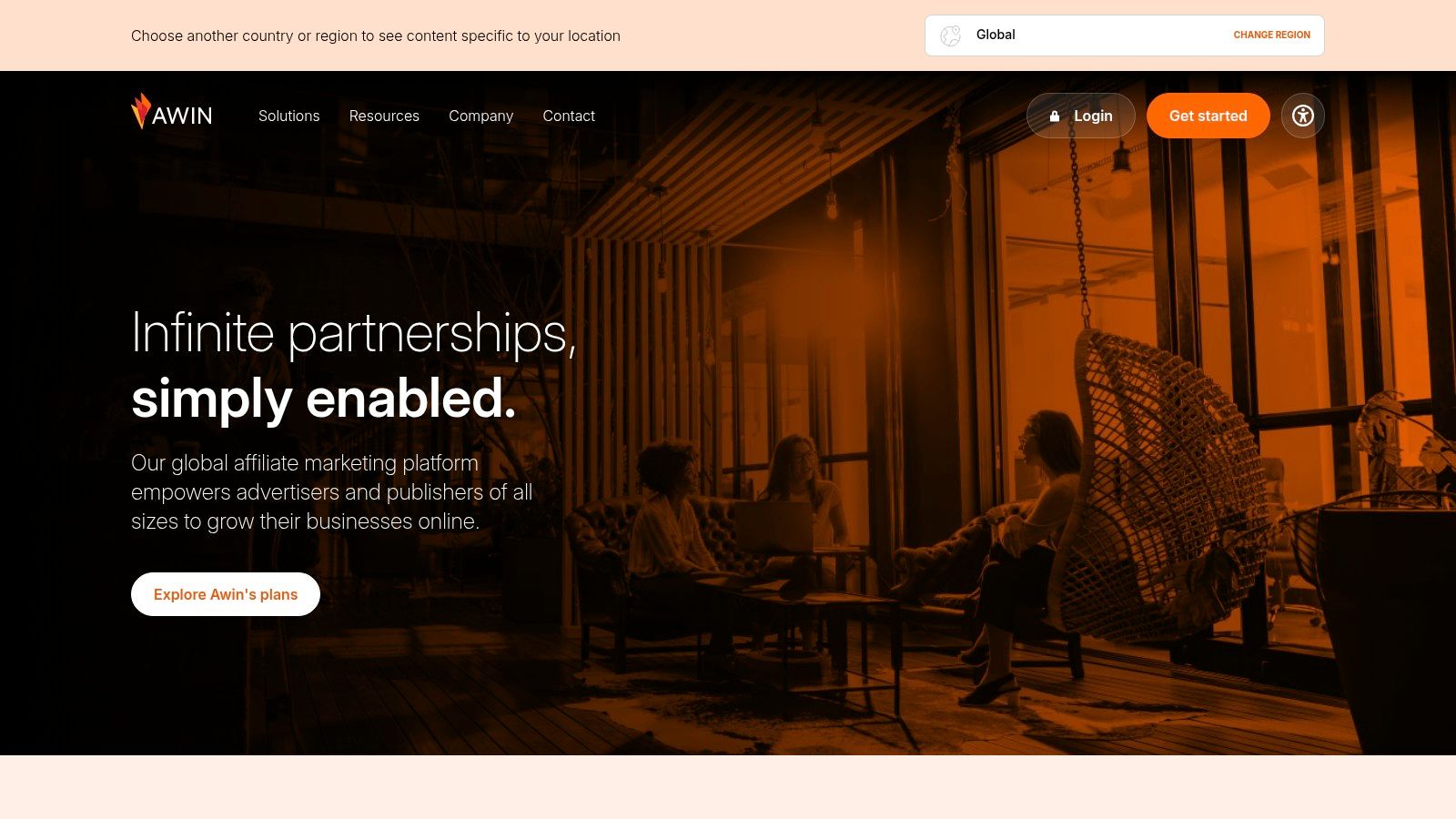 A screenshot of the Awin website landing page, showcasing its global reach and diverse brand partnerships.