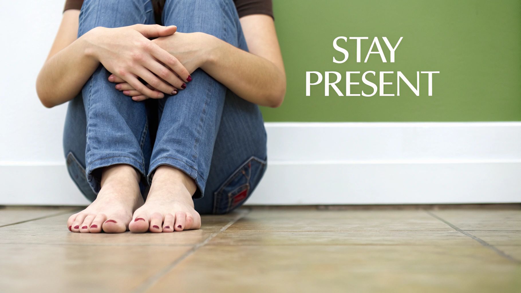 Person sitting barefoot on floor in relaxed pose with stay present text promoting mindfulness practice