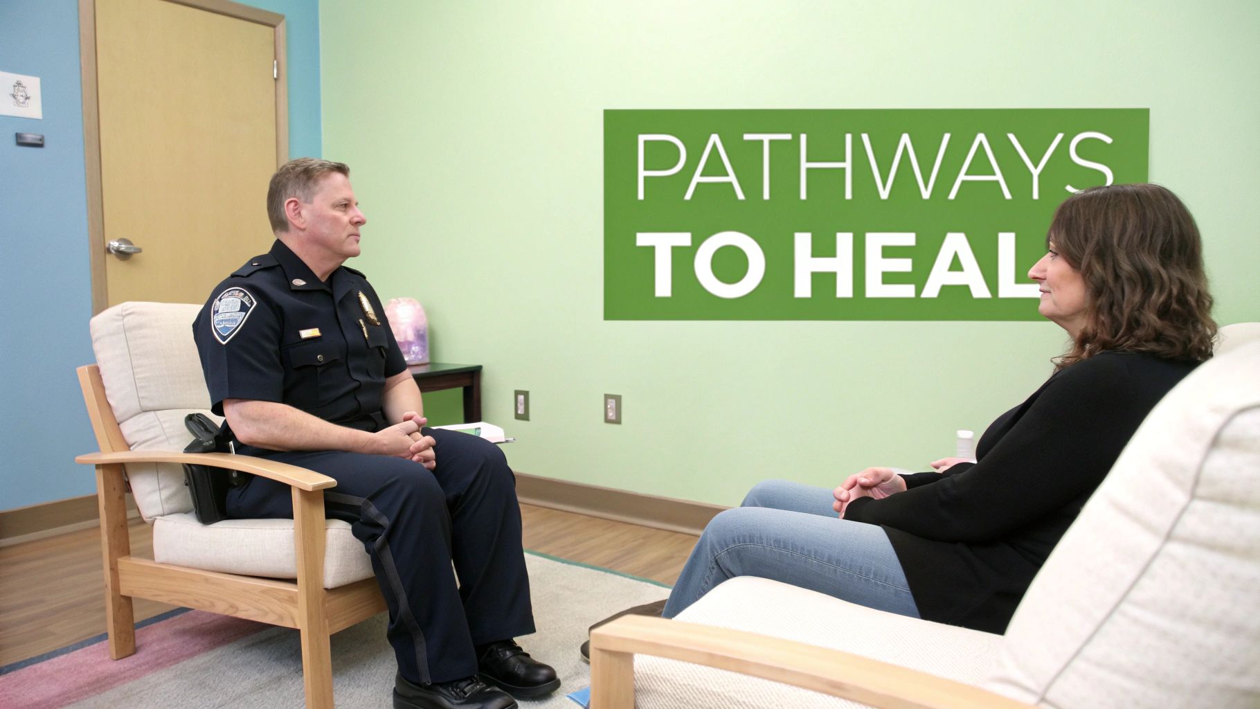 A police officer and a woman sit in chairs talking, with a 