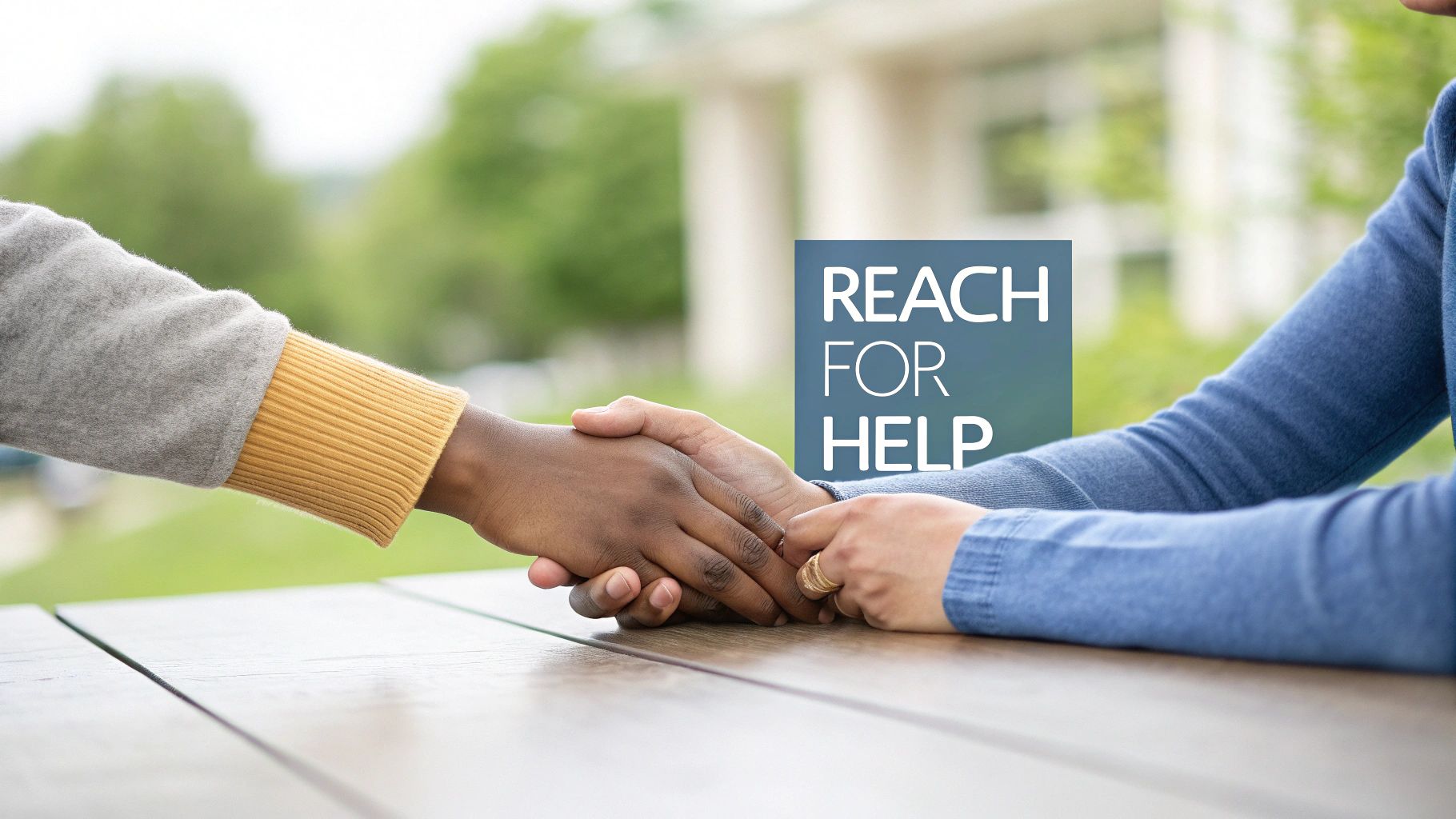 Two people holding hands across table with reach for help sign offering mental health support