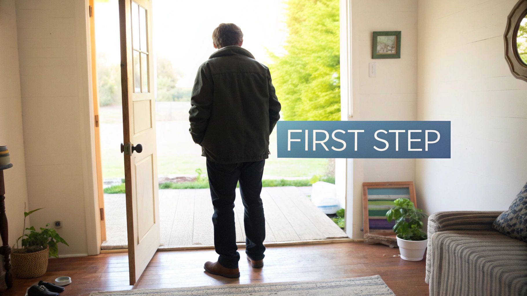 A person sitting on a dock with their feet in calm water, representing peace and healing.