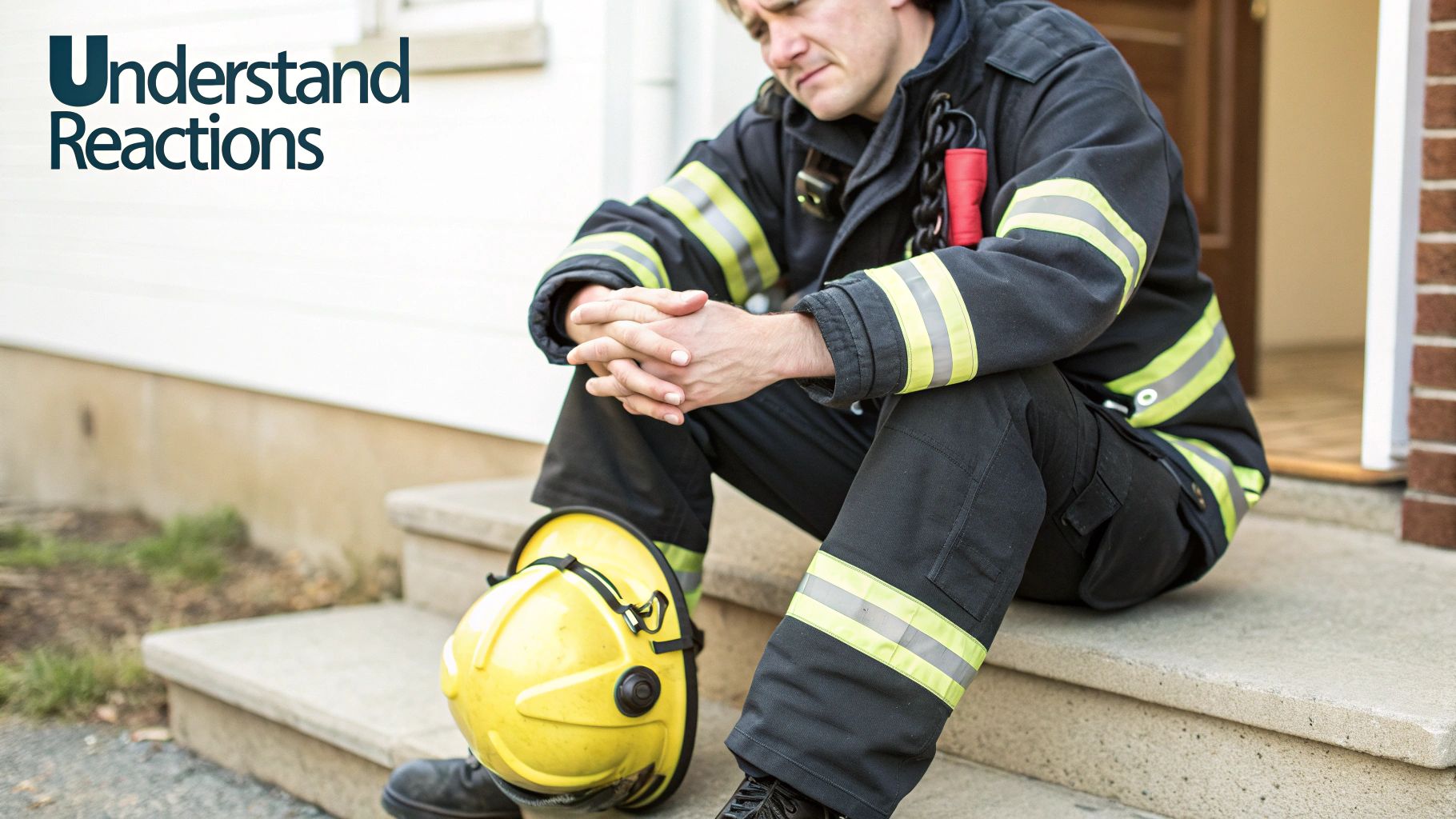 A Guide to First Responders Therapy A firefighter looking weary, illustrating the emotional toll of the job.