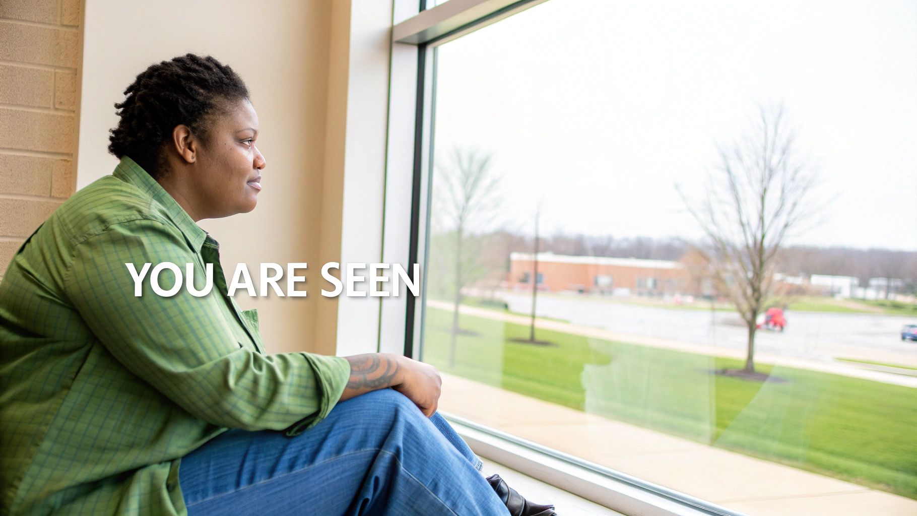Young woman in green shirt sitting by window looking thoughtful, representing mental health awareness and emotional wellness