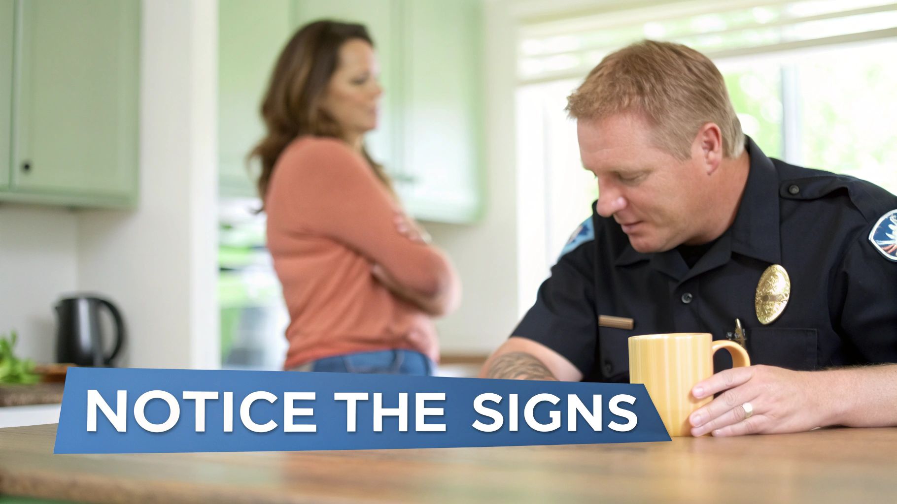 Police officer sits at a kitchen table with a mug, a woman stands behind, and 
