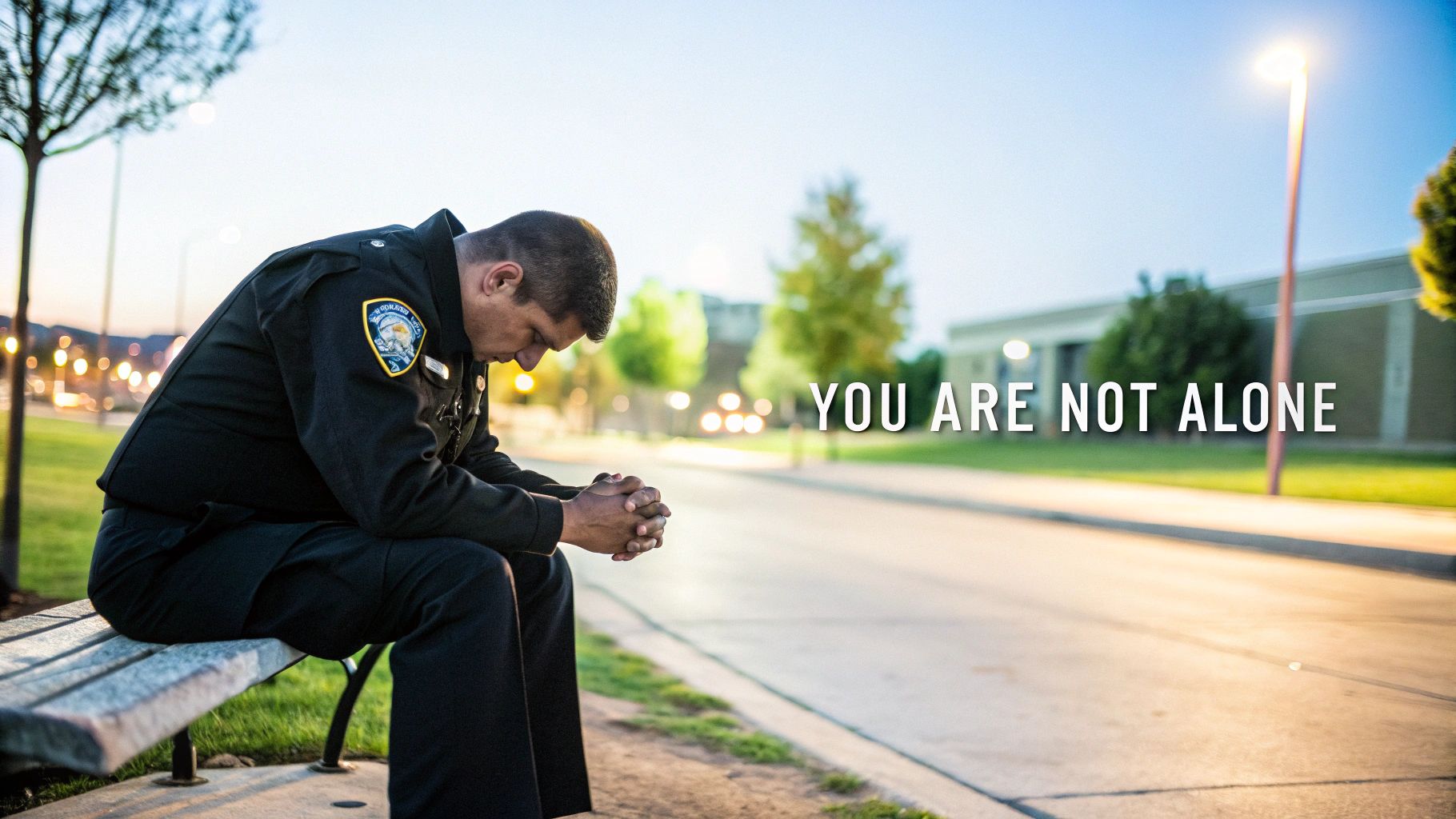 A uniformed police officer sits thoughtfully on a bench, with 