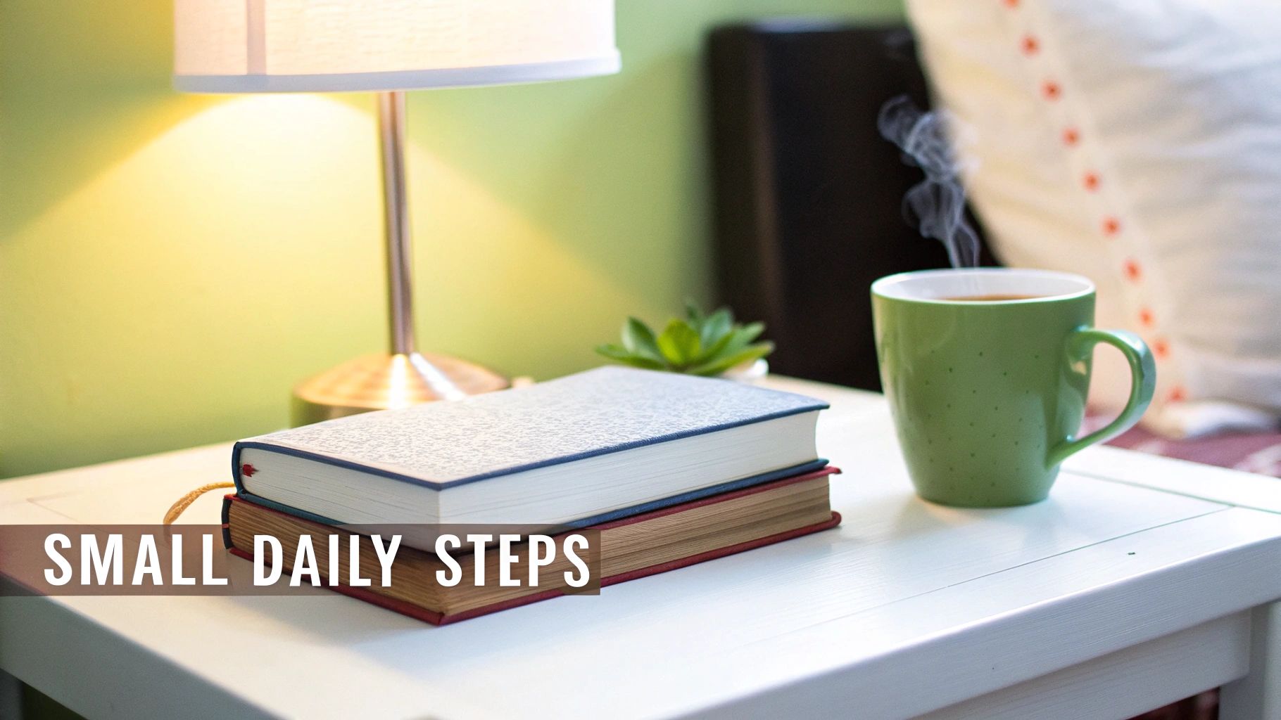 Cozy desk setup with stacked books, steaming green mug, and lamp promoting small daily steps for wellness