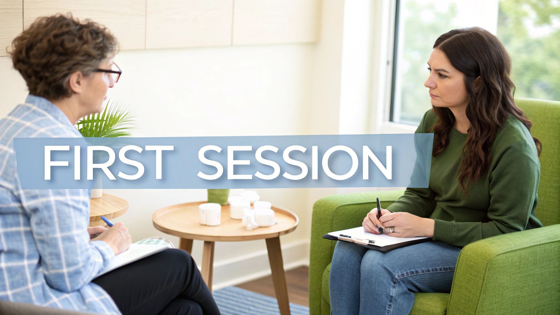 A Guide to First Responders Therapy A therapist and first responder having a calm, supportive conversation in a comfortable office.