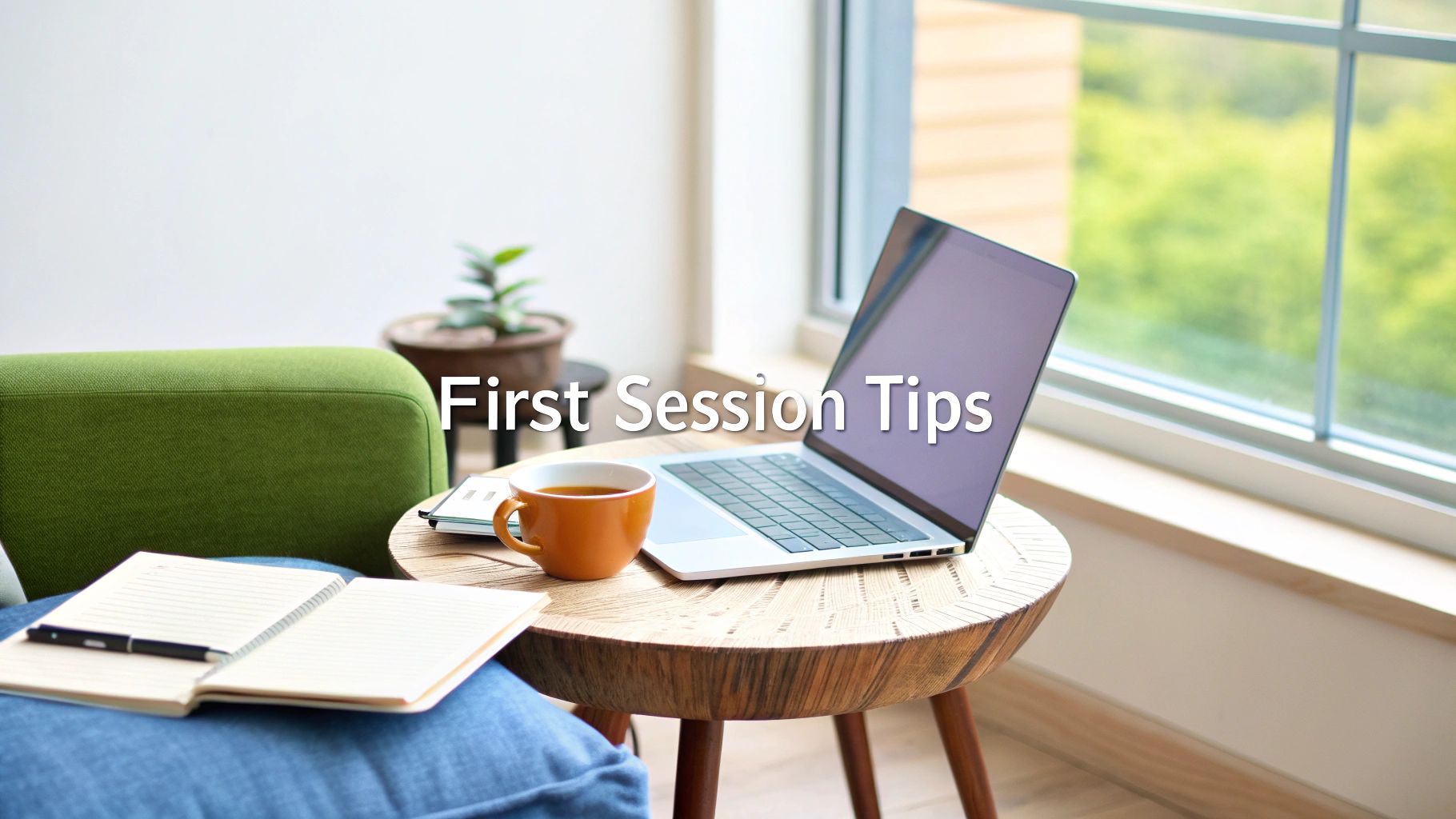 A cozy home office setup with a laptop, tea, and notebook on a wooden table by a window.