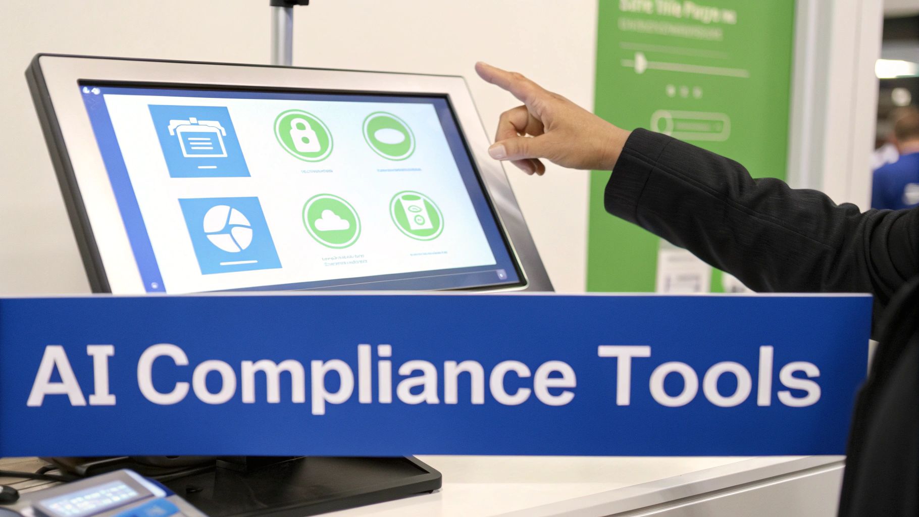 A hand interacts with a touchscreen displaying icons for AI compliance tools.