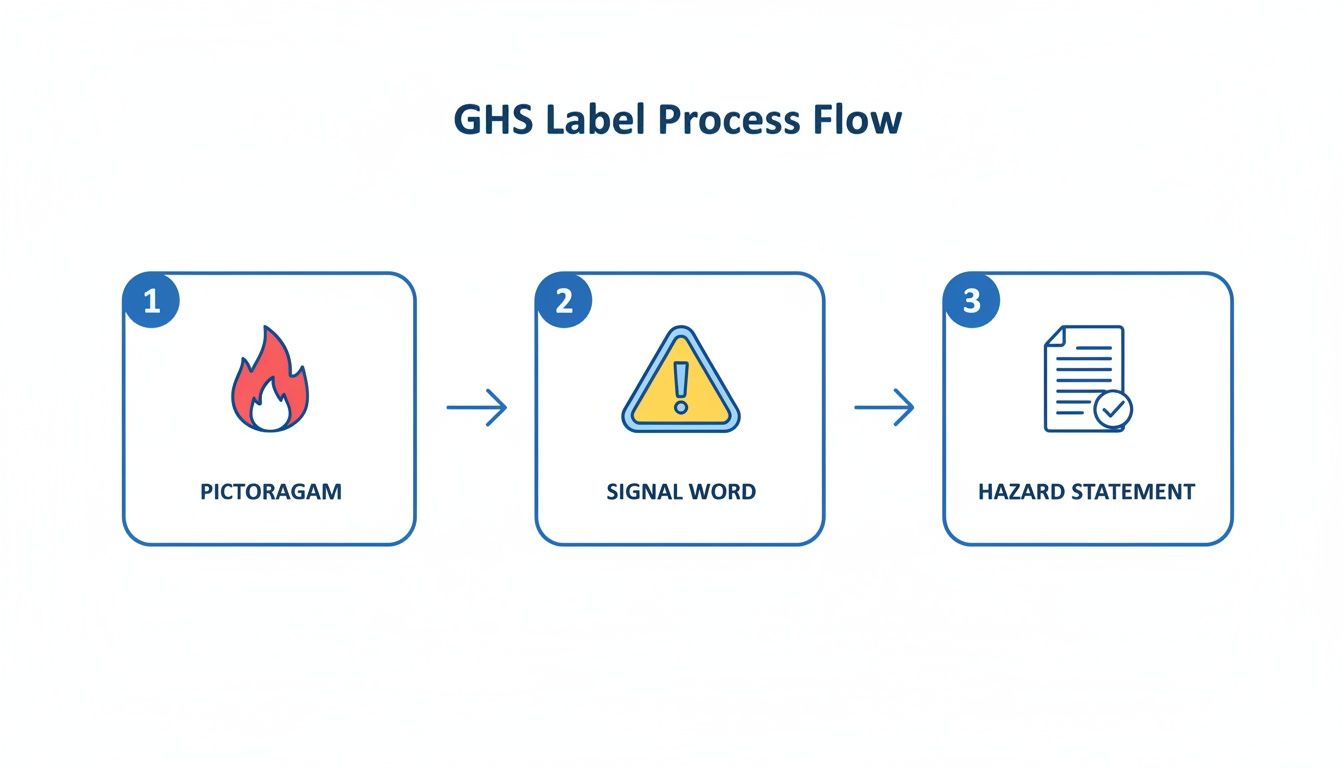 Diagram illustrating the GHS label process flow, including pictogram, signal word, and hazard statement components.