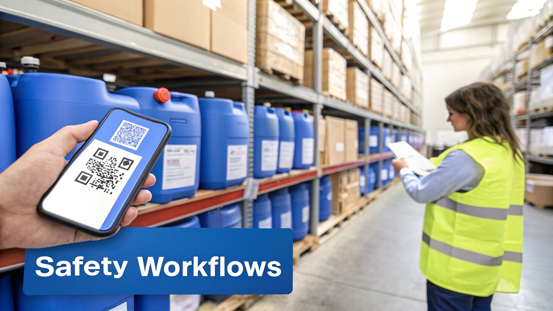 Hand scanning a QR code on a blue barrel in a warehouse, with a worker inspecting inventory for safety workflows.