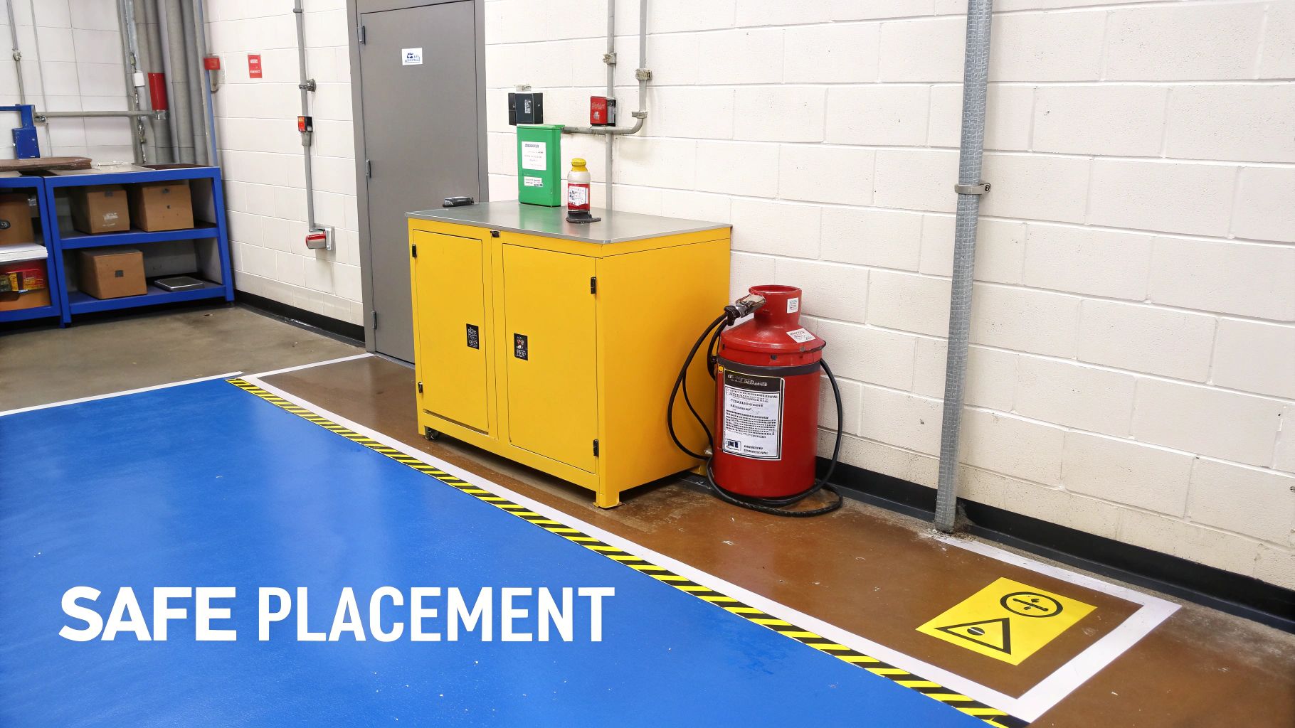A yellow flammable storage cabinet with a red fire extinguisher in a clearly marked safety zone.