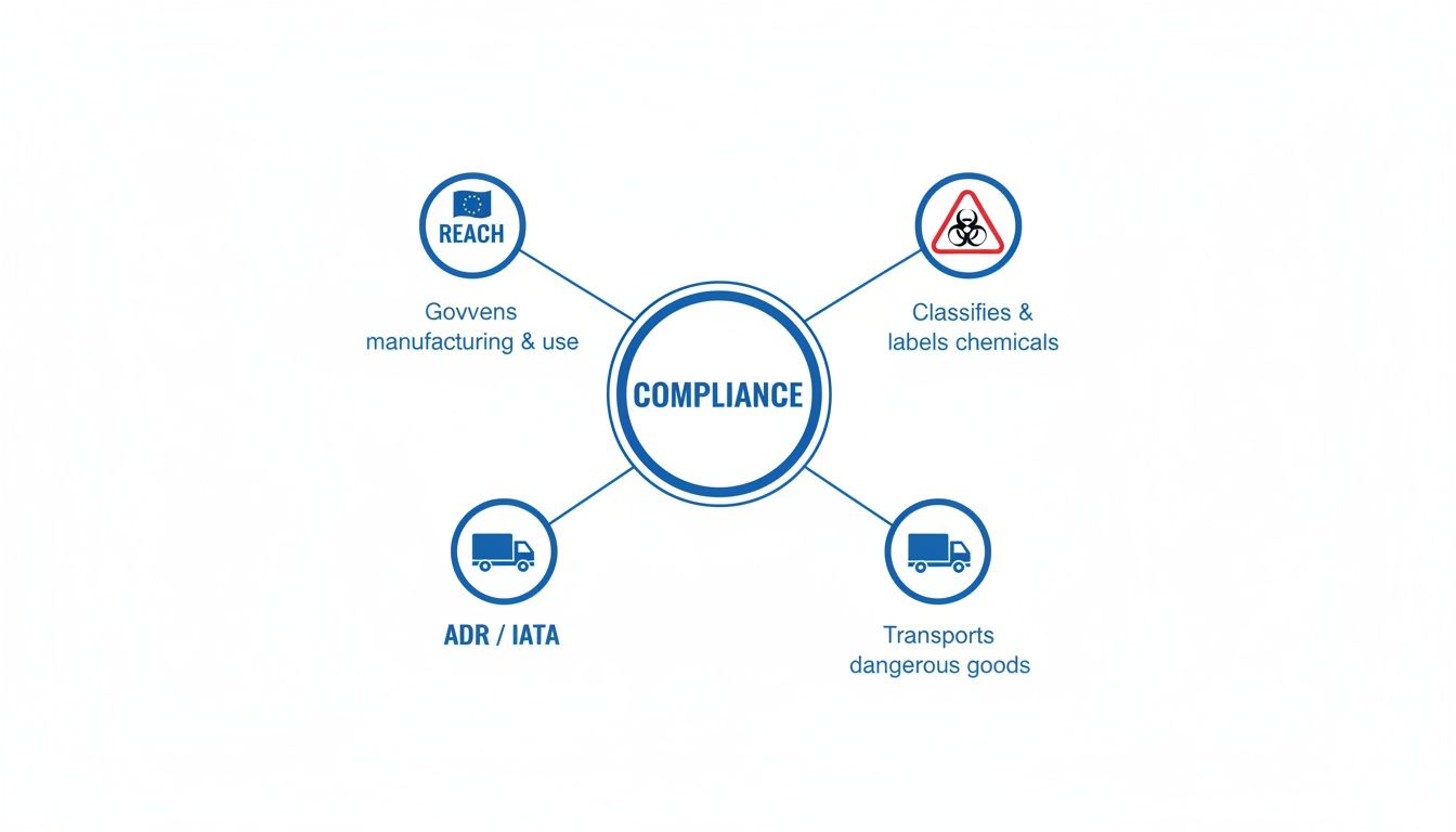Diagram showing compliance requirements for chemical manufacturing, classification, labeling, and dangerous goods transport.