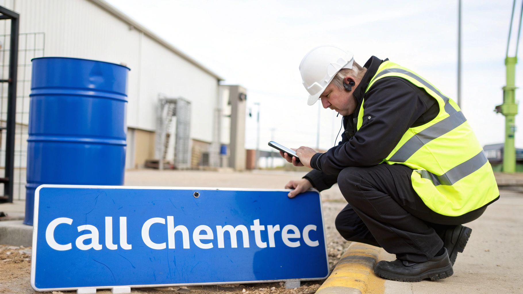 Man in safety gear with smartphone next to a 'Call Chemtrec' sign.