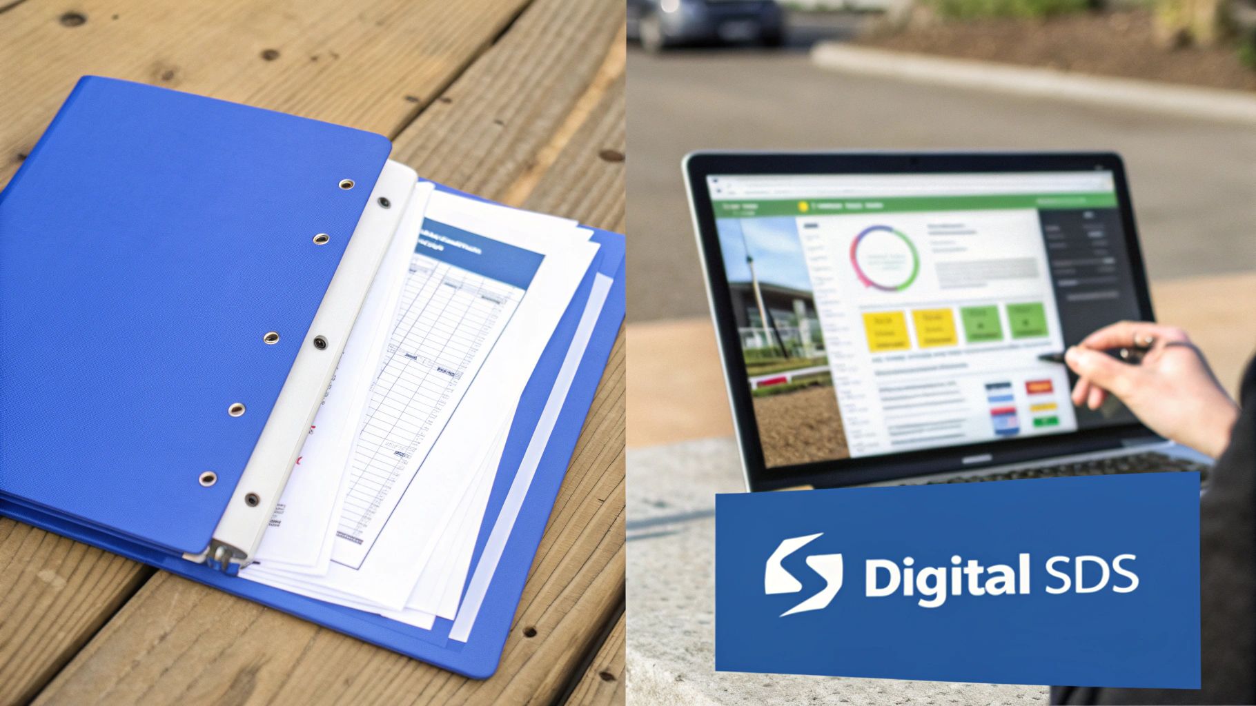 A split image showing a physical binder with documents and a laptop displaying 'Digital SDS' software.