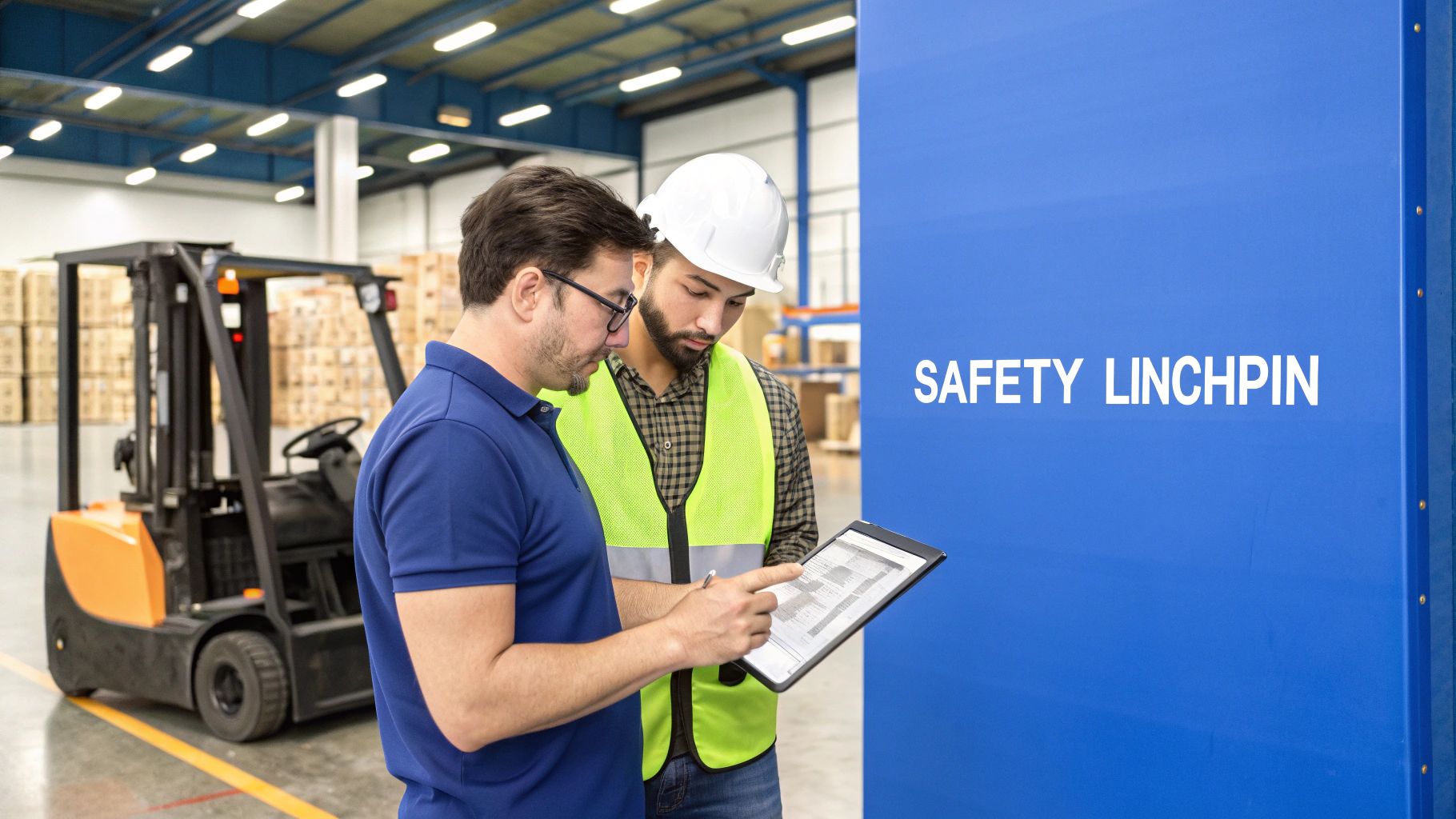 Two warehouse workers, one in a hard hat, reviewing documents on a tablet with a forklift in the background.
