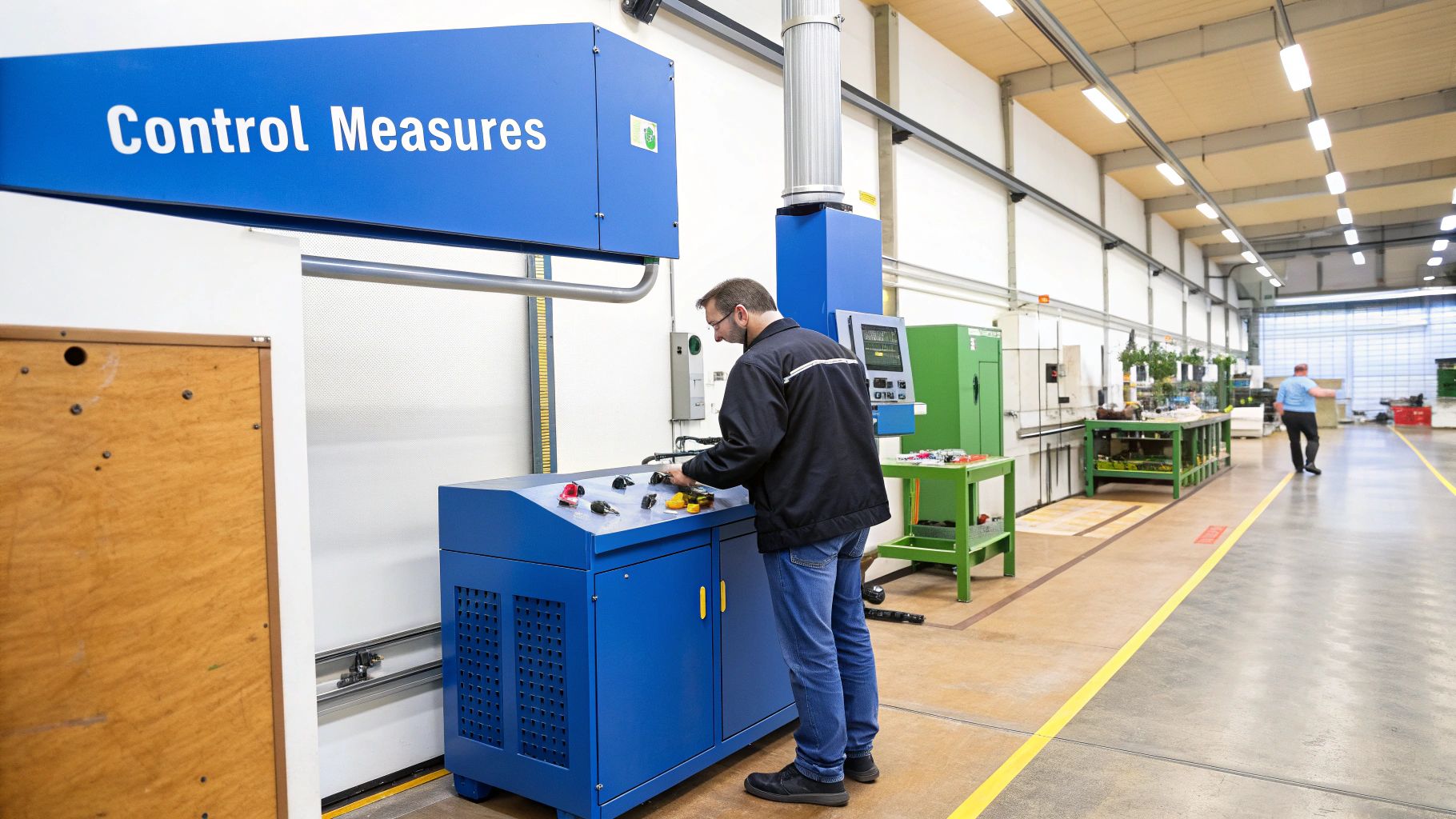 A man operates industrial control measures machinery in a factory, with another worker in the background.