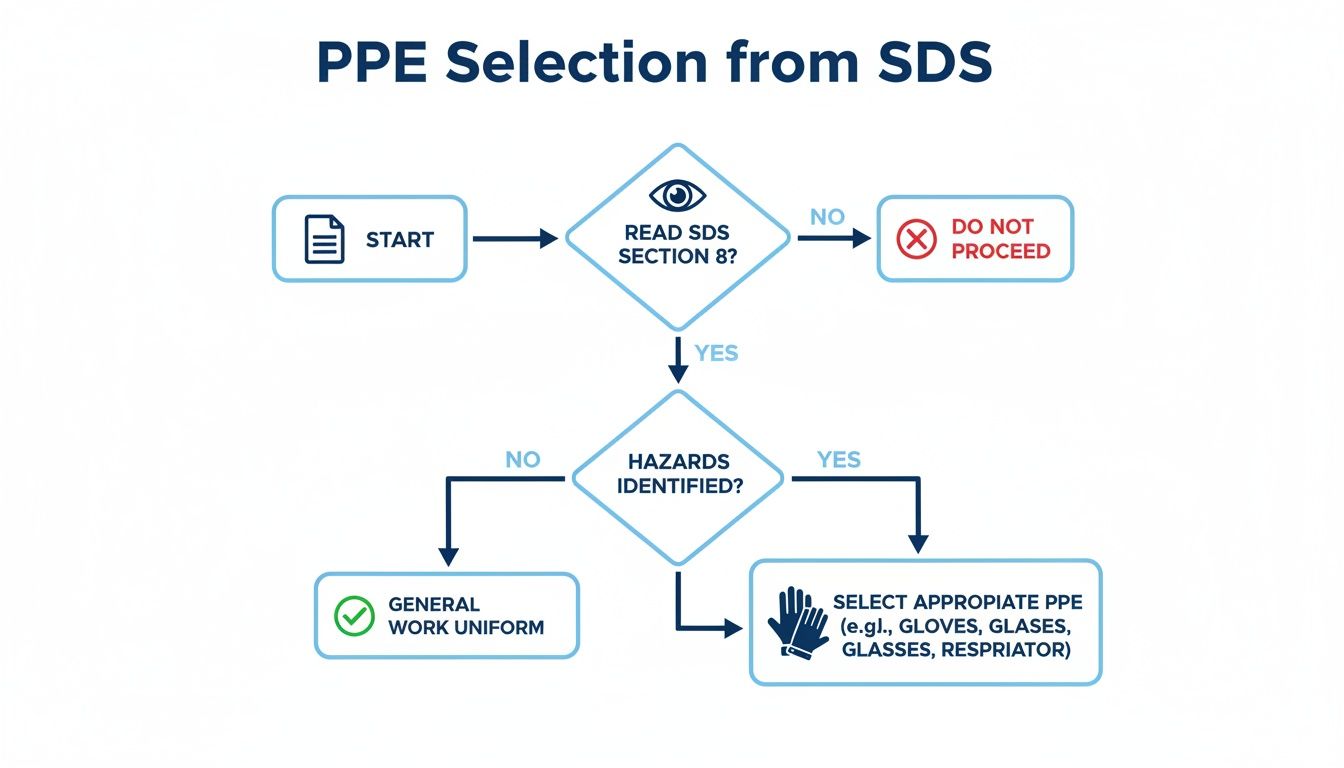 Flowchart illustrating the PPE selection process using Safety Data Sheets and hazard identification.