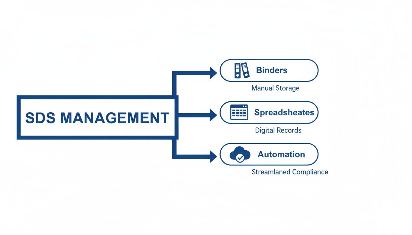 Diagram illustrating three methods for SDS management: manual binders, digital spreadsheets, and automation for compliance.