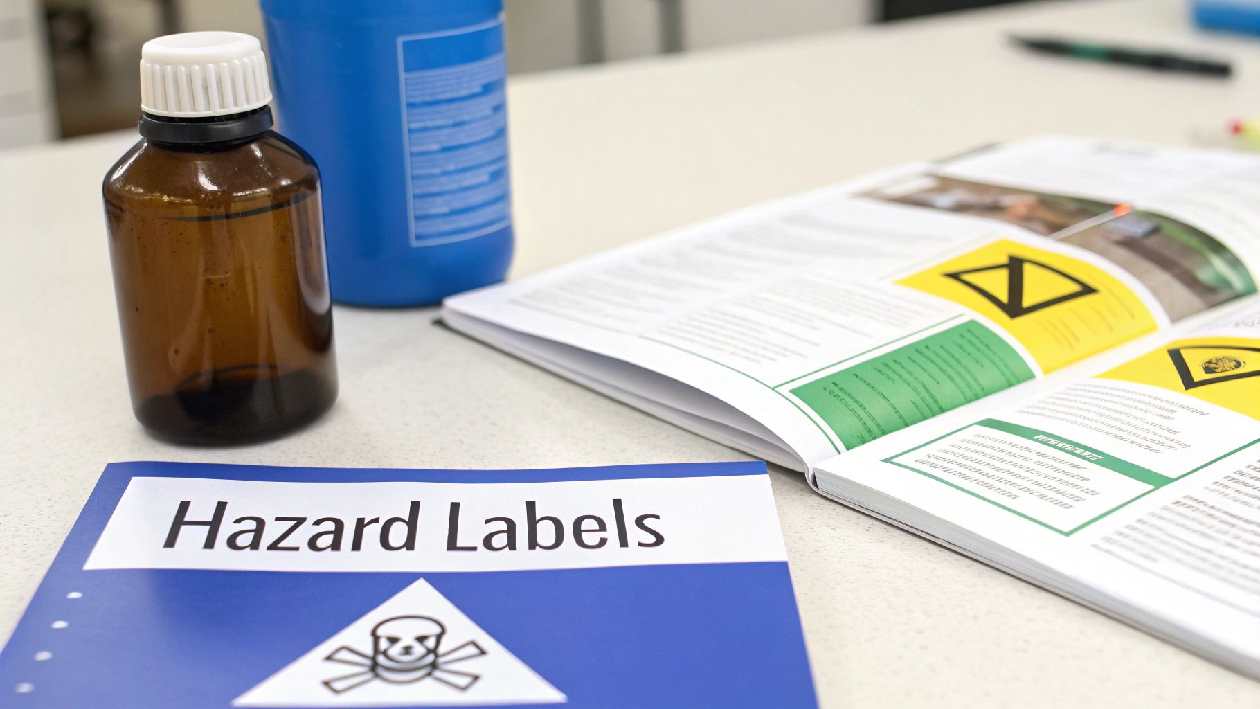 A brown bottle, blue container, and an open book on a table, with a 'Hazard Labels' folder showing a skull symbol.