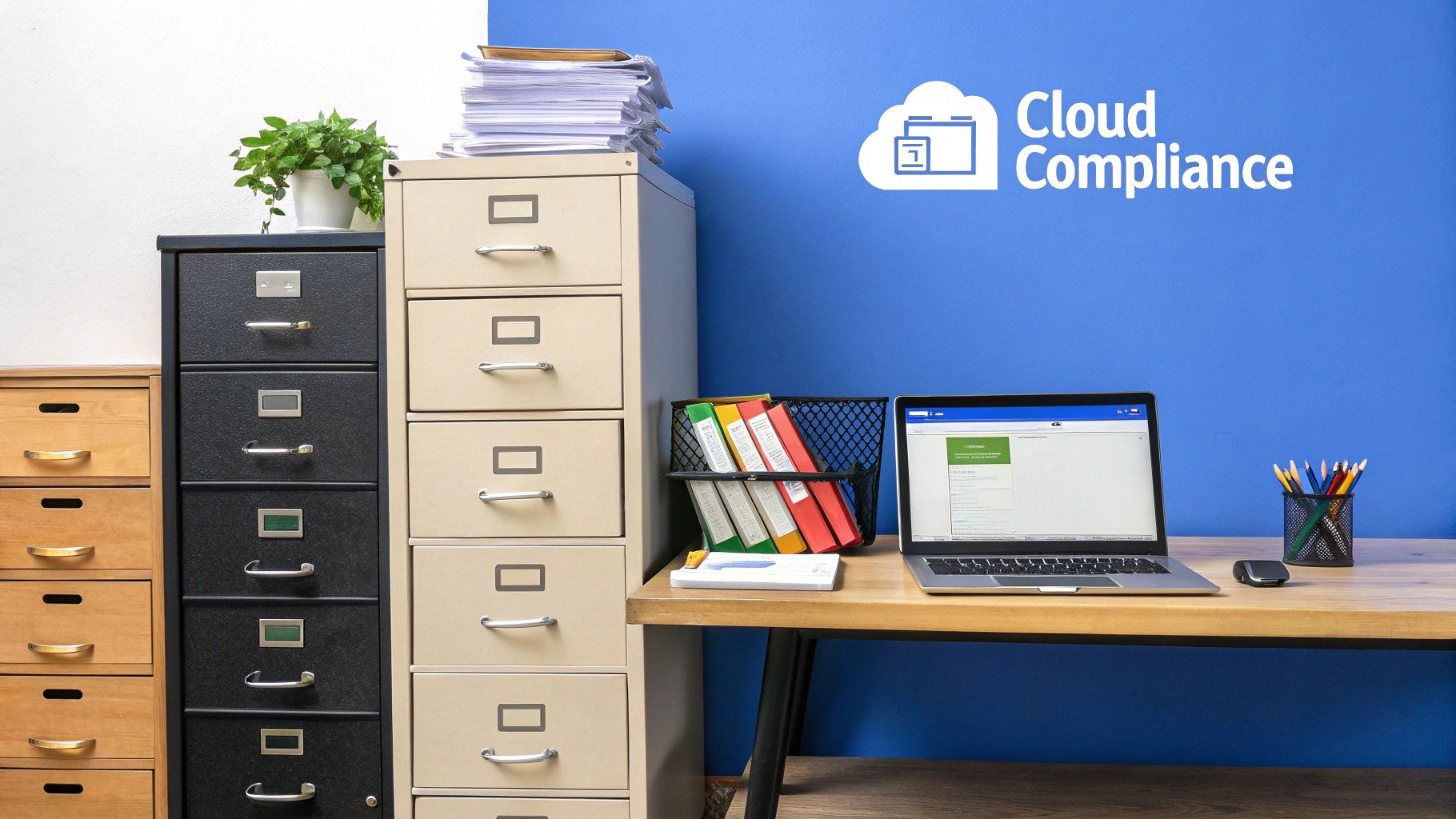 An office setup blending traditional filing cabinets with a modern laptop and 'Cloud Compliance' branding on a blue wall.