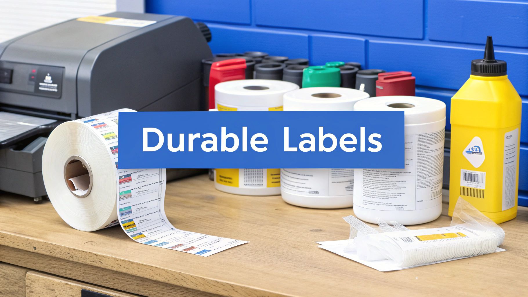 A roll of durable labels being printed, alongside containers, showcasing industrial labeling solutions.