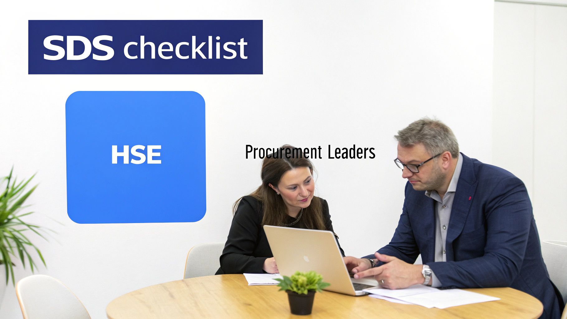 Two professionals collaborate on a laptop in an office, with 'SDS checklist' and 'HSE' text.