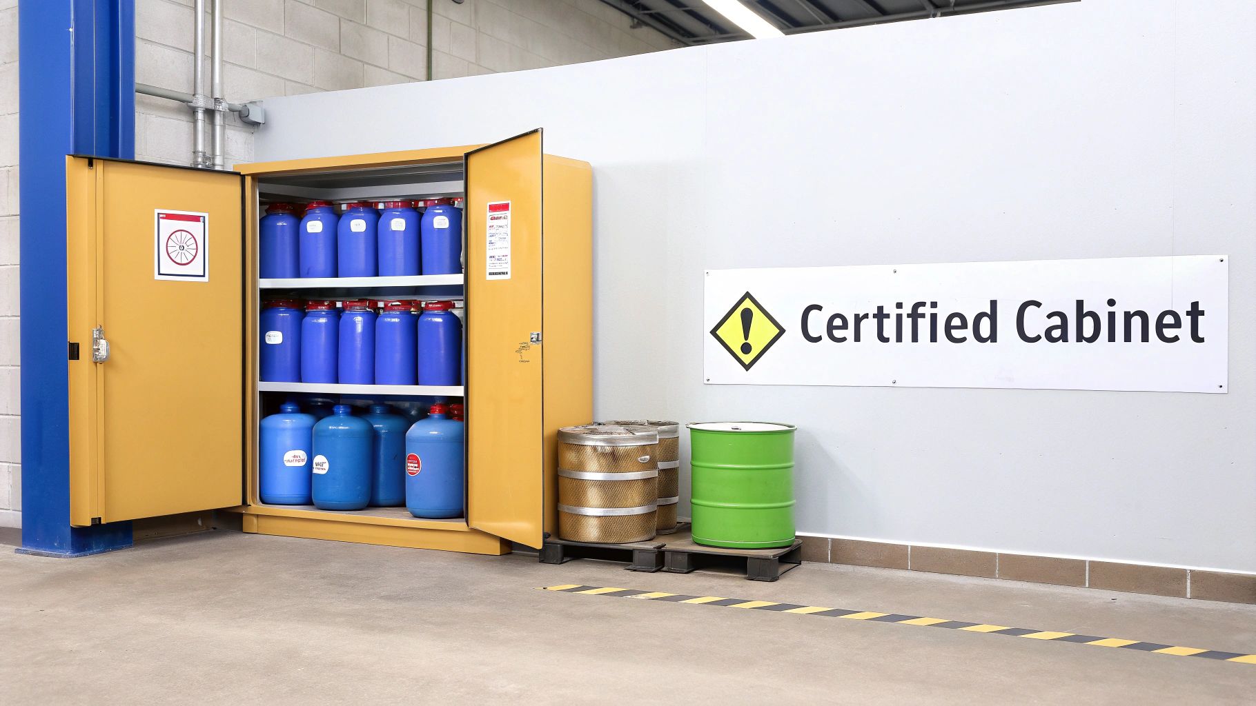 An open yellow certified safety cabinet filled with blue chemical containers, with drums on pallets nearby.