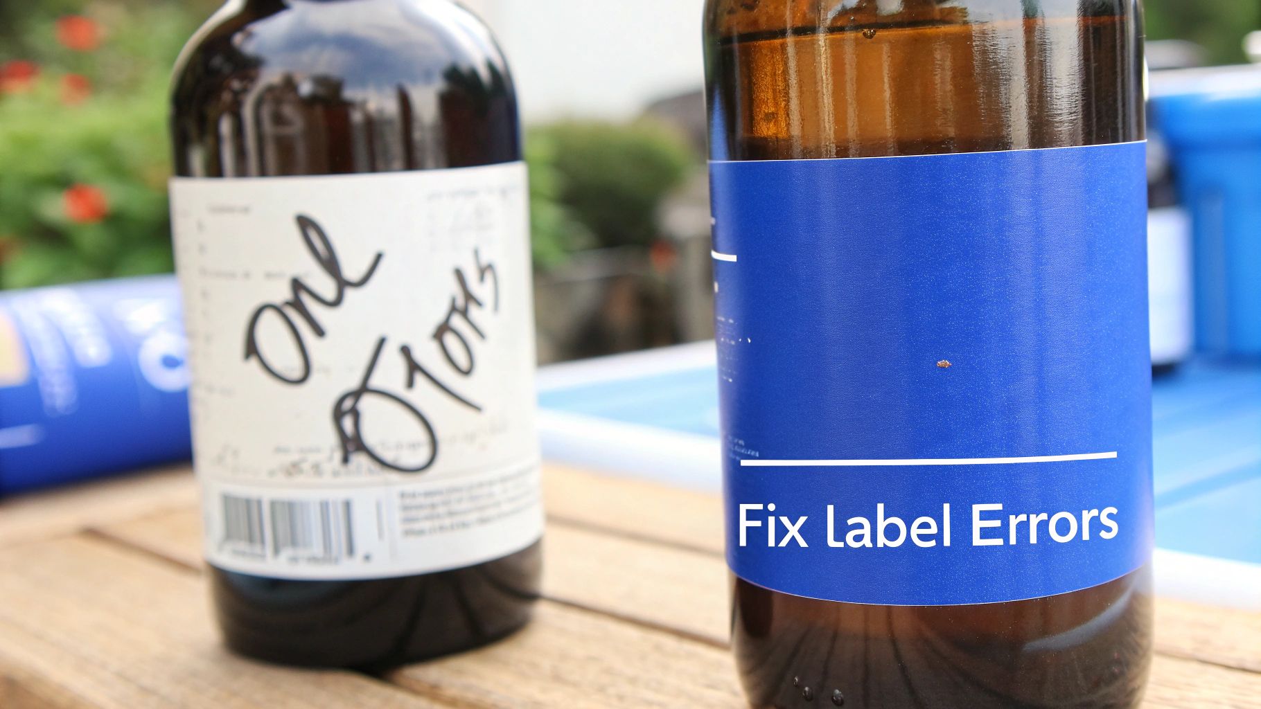 Two bottles on a wooden table, one with a blue label stating 'Fix Label Errors'.