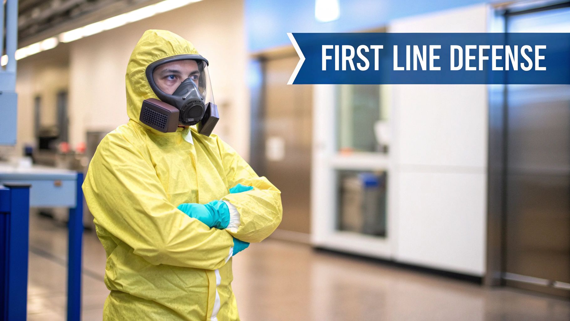 A person wearing a yellow hazmat suit, full-face respirator, and blue gloves stands in a lab.