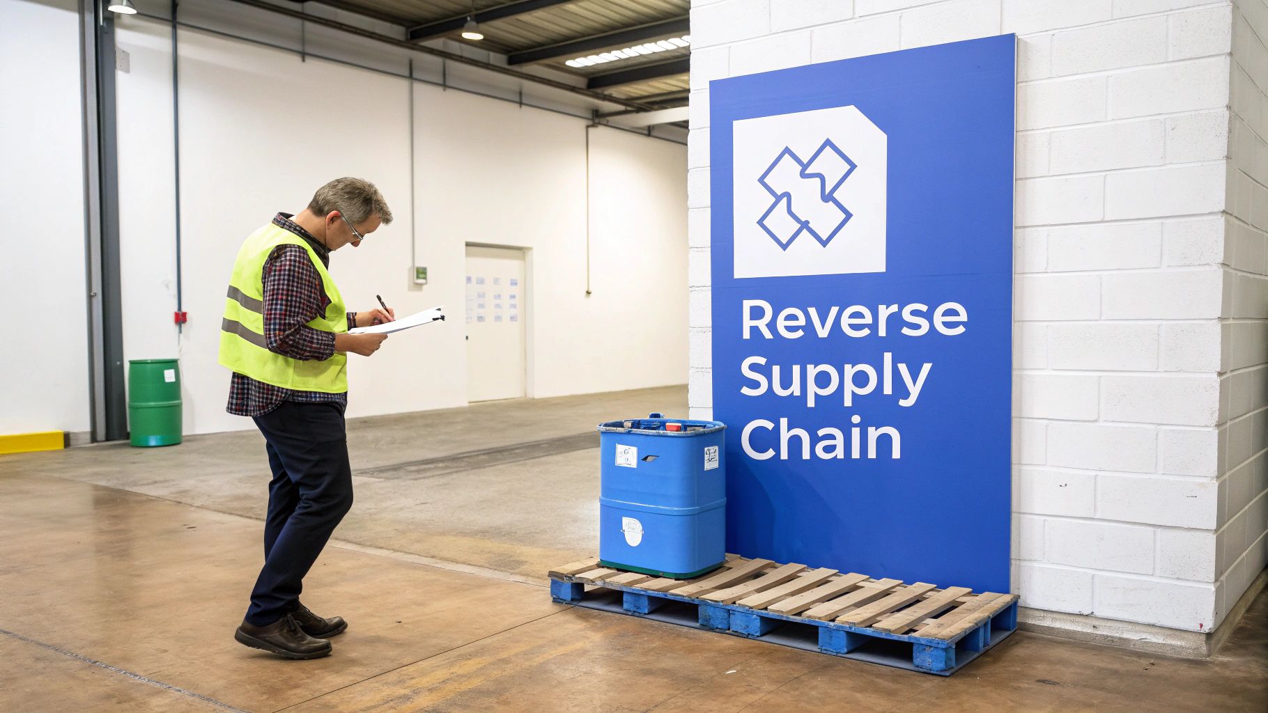 Worker in hi-vis vest inspects documentation next to a reverse supply chain sign and blue barrel.