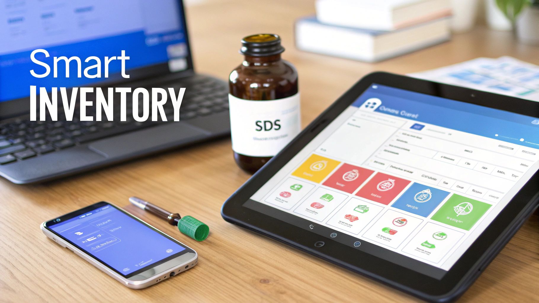Smart inventory management systems displayed on a desk with laptop, tablet, smartphone, and chemical bottle.