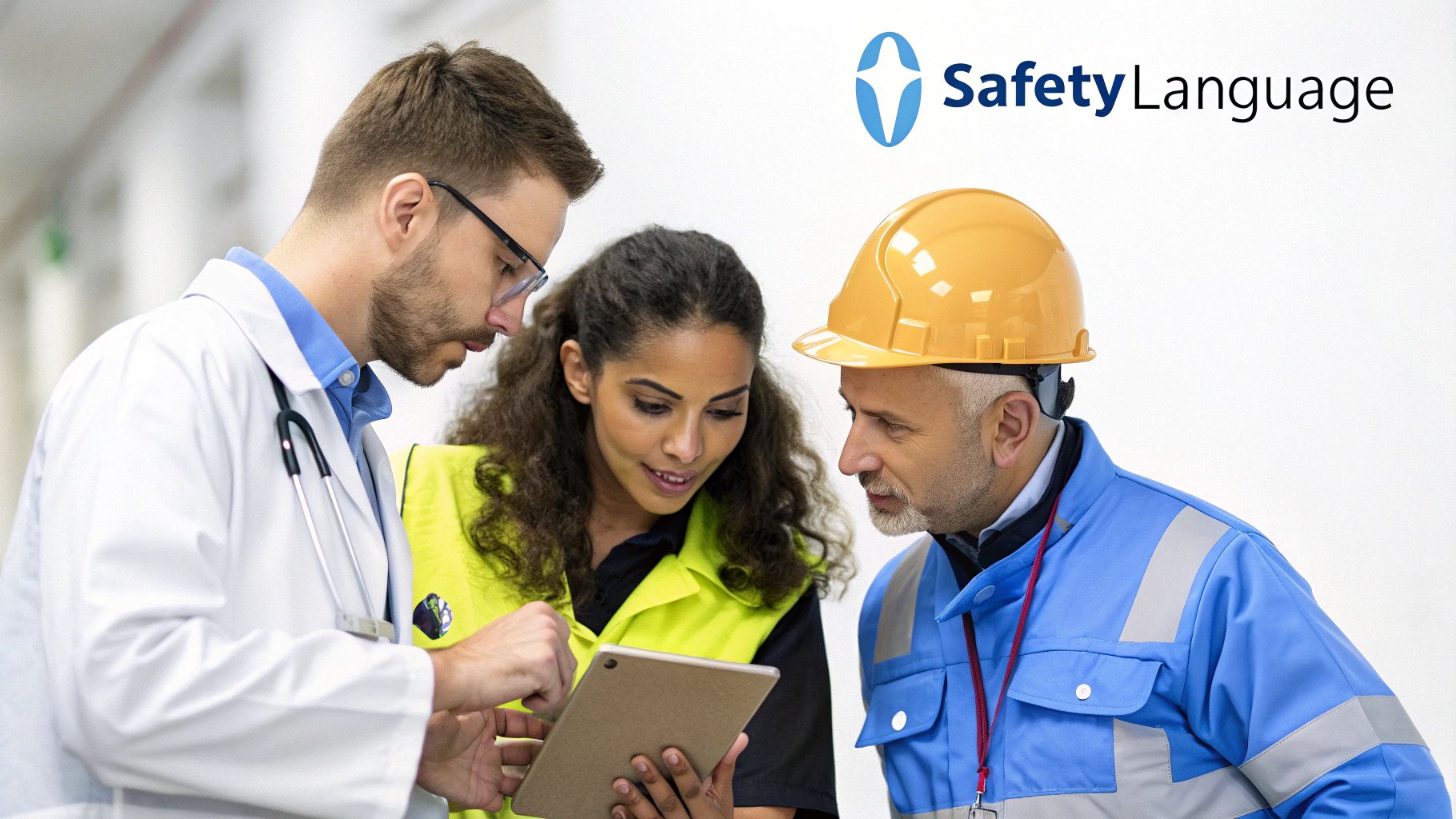 A doctor, a female safety professional, and a construction worker collaboratively review information on a digital tablet.