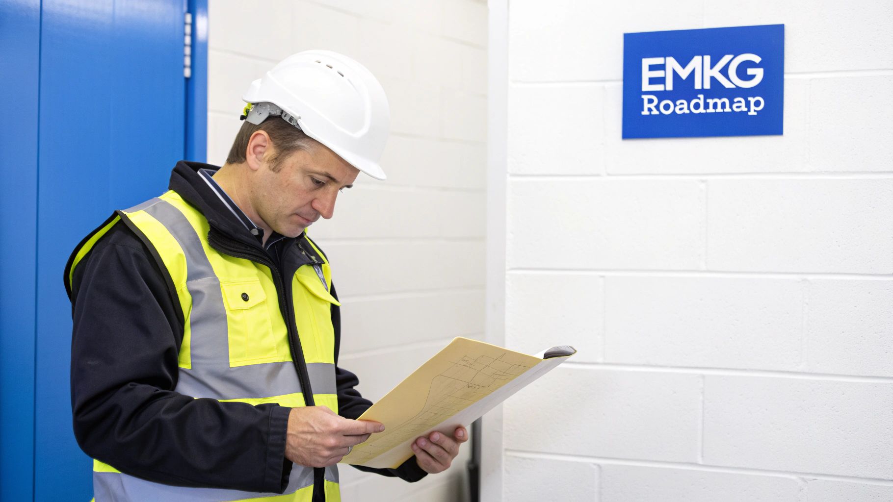 A worker in a white hard hat and high-vis vest reviews documents near an EMKG Roadmap sign.